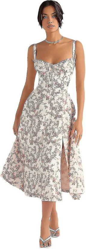 2023 Vestido Midi Corsé Floral para Mujer, Summer Boho Square Neck Sleeveless Flowy Slit Lace Up Print Ajustado Bustier Sundress